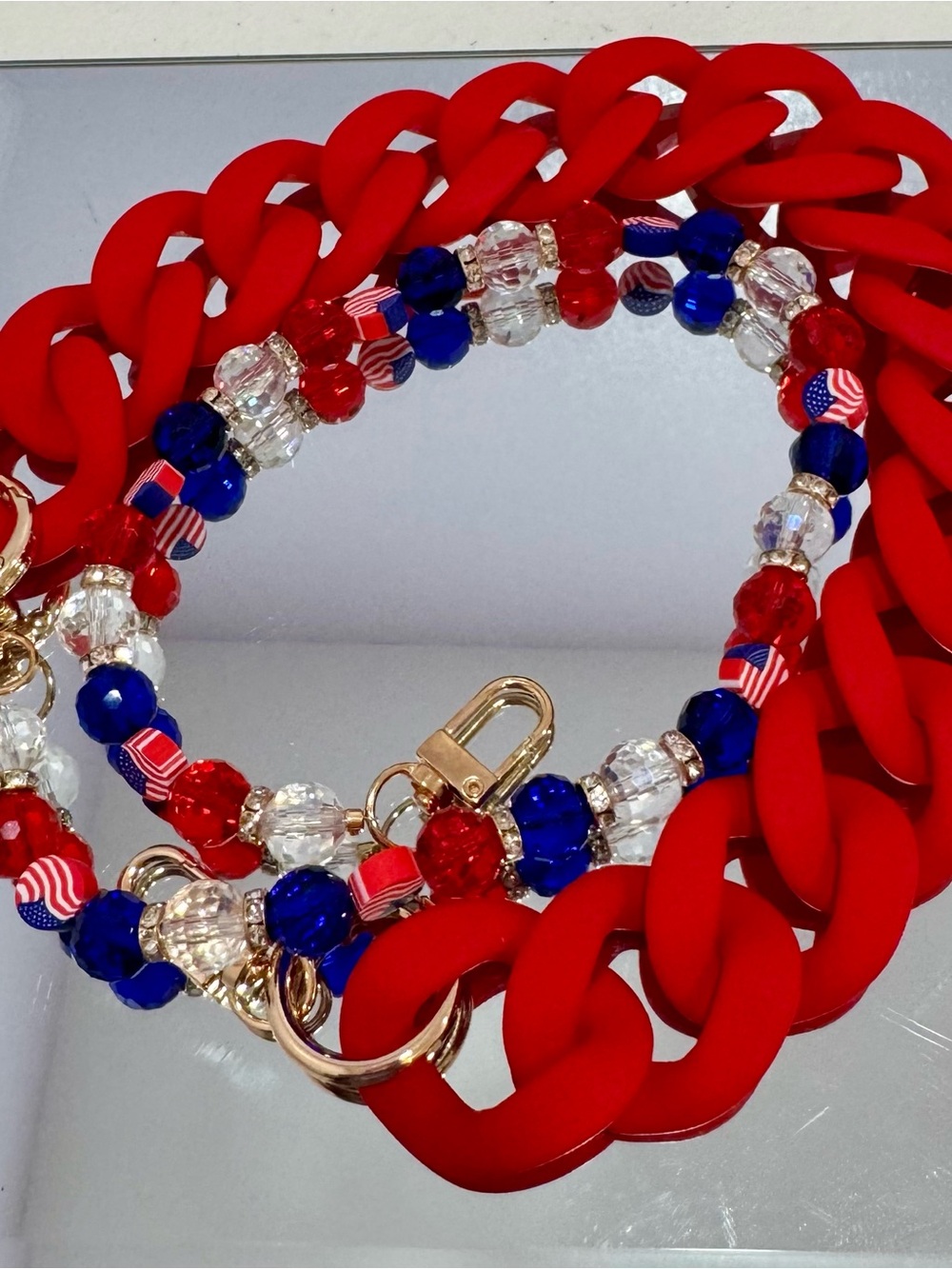 New Patriotic Red, Blue & Clear Beaded Bag Chain & Red Matte Chain